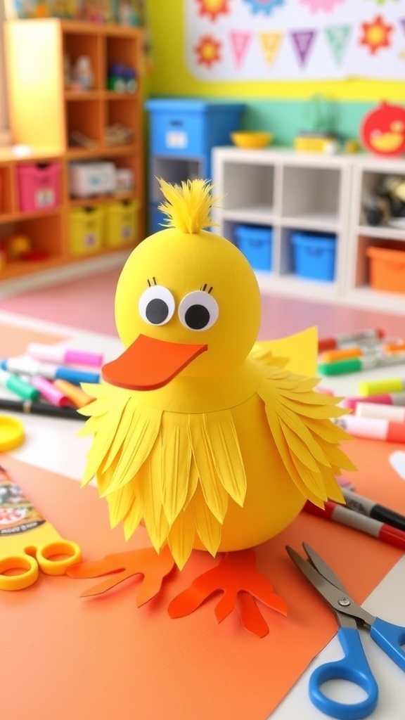 A handmade duck craft with yellow body, orange beak, and googly eyes, displayed on a crafting table.